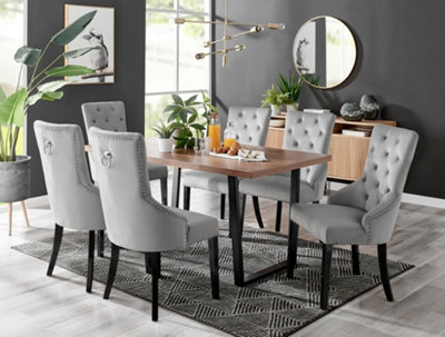 Furniturebox Kylo Brown Rectangular Wood Effect Dining Table & 6 Grey Velvet Belgravia Black Leg Chairs