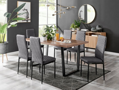 Furniturebox Kylo Brown Rectangular Wood Effect Dining Table & 6 Grey Velvet Milan Black Leg Chairs