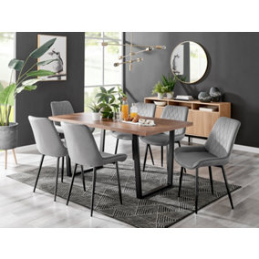 Furniturebox Kylo Brown Rectangular Wood Effect Dining Table & 6 Grey Velvet Pesaro Black Leg Chairs