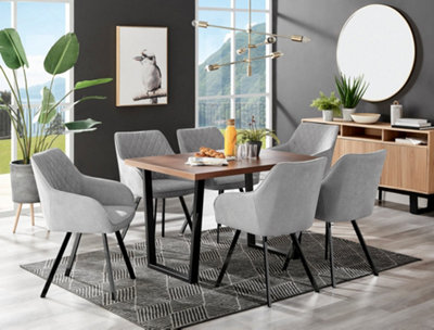 Furniturebox Kylo Brown Rectangular Wood Effect Dining Table & 6 Light Grey Fabric Falun Black Leg Chairs