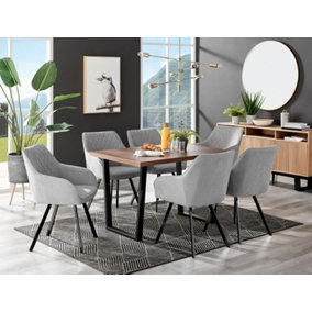 Furniturebox Kylo Brown Rectangular Wood Effect Dining Table & 6 Light Grey Fabric Falun Black Leg Chairs