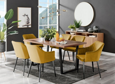 Furniturebox Kylo Brown Rectangular Wood Effect Dining Table & 6 Mustard Velvet Calla Black Leg Chairs