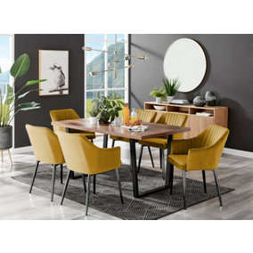 Furniturebox Kylo Brown Rectangular Wood Effect Dining Table & 6 Mustard Velvet Calla Black Leg Chairs