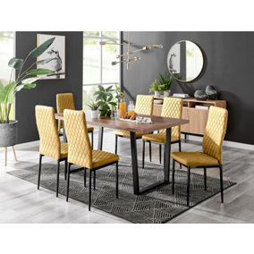 Furniturebox Kylo Brown Rectangular Wood Effect Dining Table & 6 Mustard Velvet Milan Black Leg Chairs