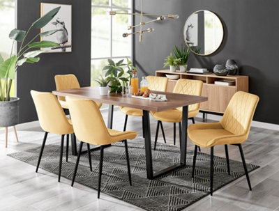 Furniturebox Kylo Brown Rectangular Wood Effect Dining Table & 6 Mustard Velvet Pesaro Black Leg Chairs