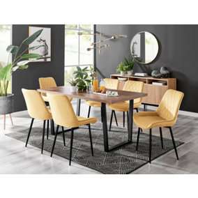 Furniturebox Kylo Brown Rectangular Wood Effect Dining Table & 6 Mustard Velvet Pesaro Black Leg Chairs