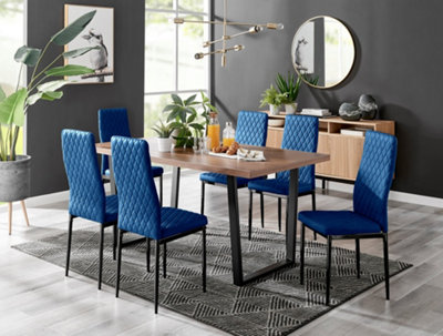Furniturebox Kylo Brown Rectangular Wood Effect Dining Table & 6 Navy Velvet Milan Black Leg Chairs