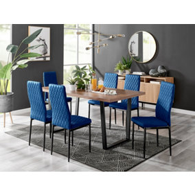 Furniturebox Kylo Brown Rectangular Wood Effect Dining Table & 6 Navy Velvet Milan Black Leg Chairs