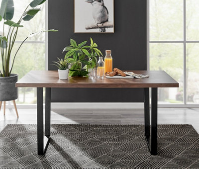Furniturebox Kylo Brown Rectangular Wood Effect Dining Table & 6 Navy Velvet Milan Black Leg Chairs