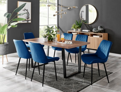 Furniturebox Kylo Brown Rectangular Wood Effect Dining Table & 6 Navy Velvet Pesaro Black Leg Chairs
