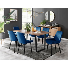 Furniturebox Kylo Brown Rectangular Wood Effect Dining Table & 6 Navy Velvet Pesaro Black Leg Chairs