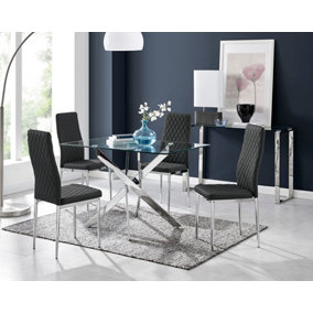 Furniturebox Leonardo 4 Seat Rectangular Glass Dining Table with Silver Metal Legs & 4 Black Milan Faux Leather Silver Leg Chairs