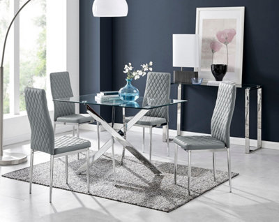 Glass dining table online and 4 grey chairs