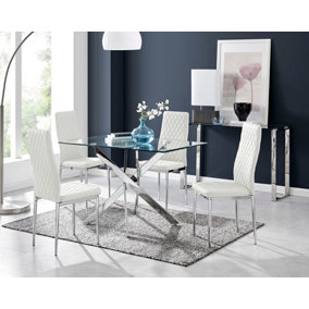 Furniturebox Leonardo 4 Seat Rectangular Glass Dining Table with Silver Metal Legs & 4 White Milan Faux Leather Silver Leg Chairs