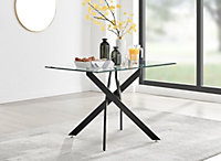 Furniturebox Leonardo 4 Seater Rectangular Glass Dining Table with Black Metal Angled Starburst Legs for Modern Dining Room