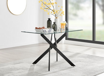 Novara 120cm 4 6 Seater Round Glass Dining Table with Black Metal Starburst  Legs for Modern Industrial Minimalist Dining Room