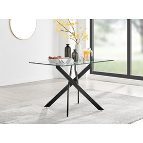 Furniturebox Leonardo 4 Seater Rectangular Glass Dining Table with Black Metal Angled Starburst Legs for Modern Dining Room
