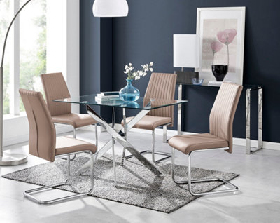 Furniturebox Leonardo 4 Seater Rectangular Glass Dining Table with Silver Metal Legs & 4 Beige Lorenzo Faux Leather Chairs