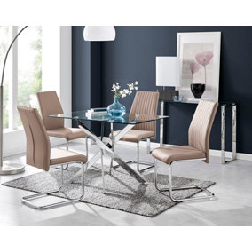 Furniturebox Leonardo 4 Seater Rectangular Glass Dining Table with Silver Metal Legs & 4 Beige Lorenzo Faux Leather Chairs