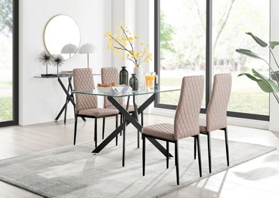 Furniturebox Leonardo 4 Seater Rectangular Glass Dining Table with Silver Metal Legs & 4 Beige Milan Faux Leather Black Leg Chairs