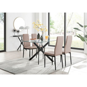 Furniturebox Leonardo 4 Seater Rectangular Glass Dining Table with Silver Metal Legs & 4 Beige Milan Faux Leather Black Leg Chairs