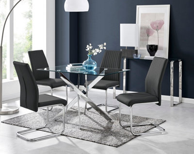 Furniturebox Leonardo 4 Seater Rectangular Glass Dining Table with Silver Metal Legs & 4 Black Lorenzo Faux Leather Chairs