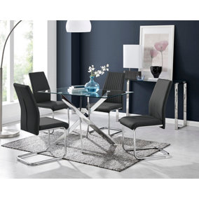 Furniturebox Leonardo 4 Seater Rectangular Glass Dining Table with Silver Metal Legs & 4 Black Lorenzo Faux Leather Chairs