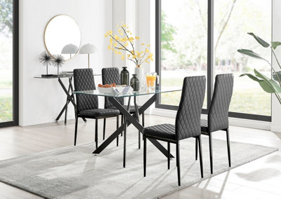 Furniturebox Leonardo 4 Seater Rectangular Glass Dining Table with Silver Metal Legs & 4 Black Milan Faux Leather Black Leg Chairs