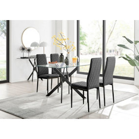 Furniturebox Leonardo 4 Seater Rectangular Glass Dining Table with Silver Metal Legs & 4 Black Milan Faux Leather Black Leg Chairs