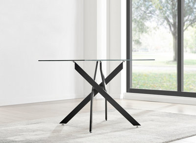 Furniturebox Leonardo 4 Seater Rectangular Glass Dining Table with Silver Metal Legs & 4 Black Milan Faux Leather Black Leg Chairs