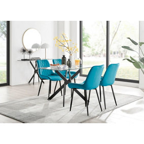 Furniturebox Leonardo 4 Seater Rectangular Glass Dining Table with Silver Metal Legs & 4 Blue Pesaro Velvet Black Leg Chairs