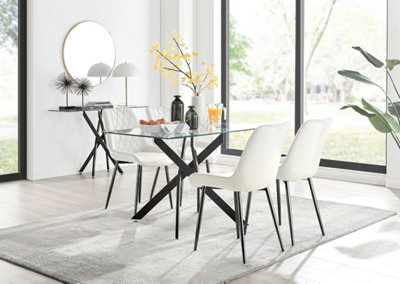 Furniturebox Leonardo 4 Seater Rectangular Glass Dining Table with Silver Metal Legs & 4 Cream Pesaro Velvet Black Leg Chairs