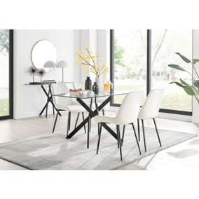 Furniturebox Leonardo 4 Seater Rectangular Glass Dining Table with Silver Metal Legs & 4 Cream Pesaro Velvet Black Leg Chairs