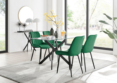 Furniturebox Leonardo 4 Seater Rectangular Glass Dining Table with Silver Metal Legs & 4 Green Pesaro Velvet Black Leg Chairs