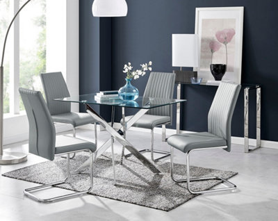 Furniturebox Leonardo 4 Seater Rectangular Glass Dining Table with Silver Metal Legs & 4 Grey Lorenzo Faux Leather Chairs