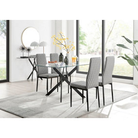 Furniturebox Leonardo 4 Seater Rectangular Glass Dining Table with Silver Metal Legs & 4 Grey Milan Faux Leather Black Leg Chairs