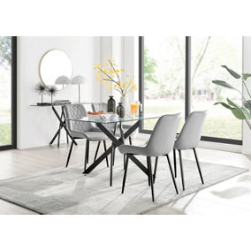 Furniturebox Leonardo 4 Seater Rectangular Glass Dining Table with Silver Metal Legs & 4 Grey Pesaro Velvet Black Leg Chairs