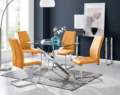 Furniturebox Leonardo 4 Seater Rectangular Glass Dining Table with Silver Metal Legs & 4 Mustard Lorenzo Faux Leather Chairs
