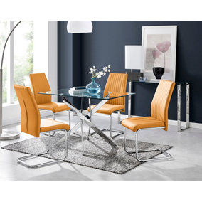 Furniturebox Leonardo 4 Seater Rectangular Glass Dining Table with Silver Metal Legs & 4 Mustard Lorenzo Faux Leather Chairs