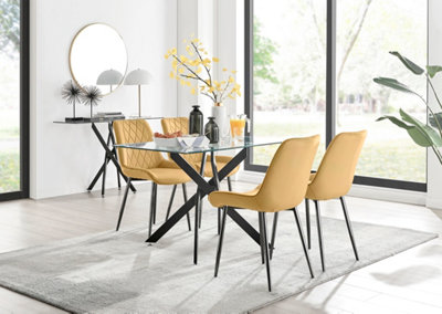 Furniturebox Leonardo 4 Seater Rectangular Glass Dining Table with Silver Metal Legs & 4 Mustard Pesaro Velvet Black Leg Chairs