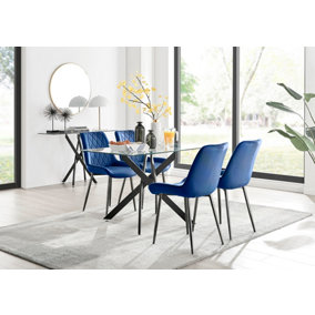 Furniturebox Leonardo 4 Seater Rectangular Glass Dining Table with Silver Metal Legs & 4 Navy Pesaro Velvet Black Leg Chairs