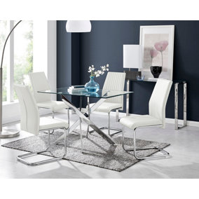 Furniturebox Leonardo 4 Seater Rectangular Glass Dining Table with Silver Metal Legs & 4 White Lorenzo Faux Leather Chairs