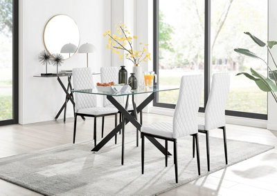 Furniturebox Leonardo 4 Seater Rectangular Glass Dining Table with Silver Metal Legs & 4 White Milan Faux Leather Black Leg Chairs