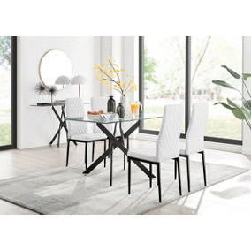 Furniturebox Leonardo 4 Seater Rectangular Glass Dining Table with Silver Metal Legs & 4 White Milan Faux Leather Black Leg Chairs