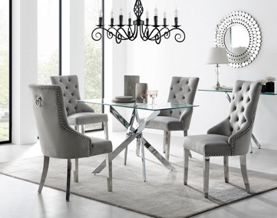 Furniturebox Leonardo 4 Seater Rectangular Glass Dining Table with Silver Metal Starburst Legs & 4 Grey Belgravia Velvet Chairs