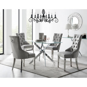Furniturebox Leonardo 4 Seater Rectangular Glass Dining Table with Silver Metal Starburst Legs & 4 Grey Belgravia Velvet Chairs