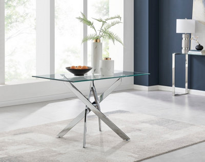 Furniturebox Leonardo 4 Seater Rectangular Glass Dining Table with Silver Metal Starburst Legs & 4 Grey Belgravia Velvet Chairs