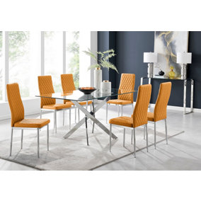 Furniturebox Leonardo 6 Seat Rectangular Glass Dining Table with Silver Metal Leg & 6 Mustard Milan Faux Leather Silver Leg Chairs