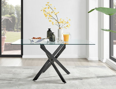 Furniturebox Leonardo 6 Seater Rectangular Glass Dining Table with Black Metal Angled Starburst Legs for Modern Dining Room