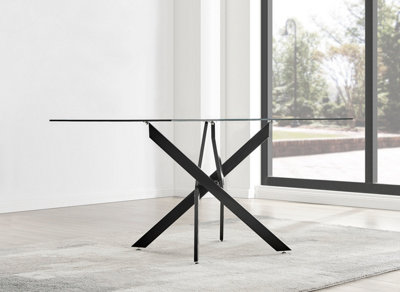 Furniturebox Leonardo 6 Seater Rectangular Glass Dining Table with Black Metal Angled Starburst Legs for Modern Dining Room